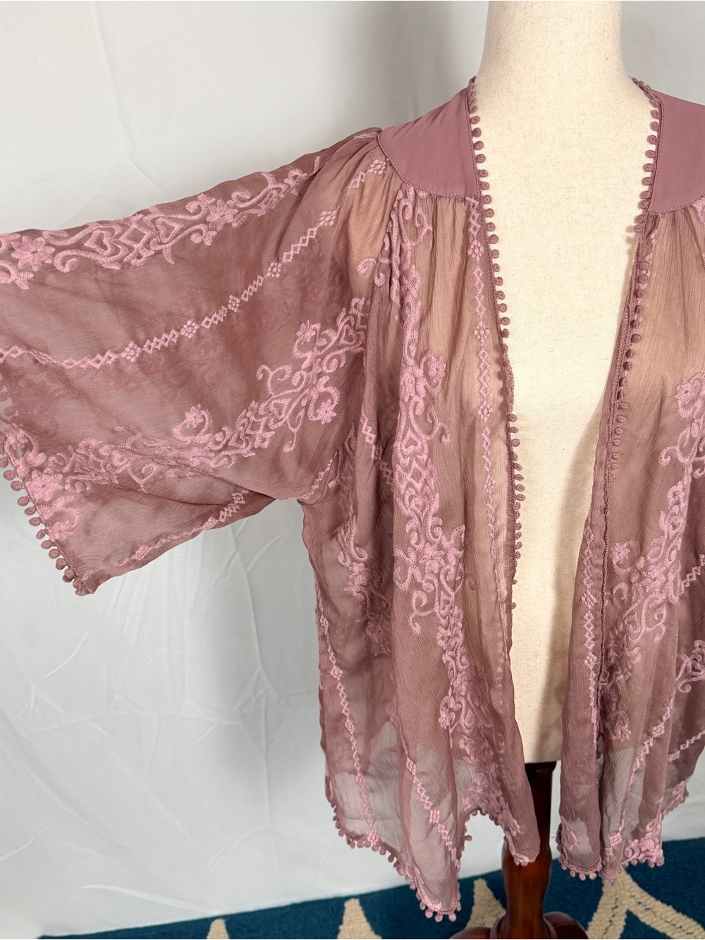 Kimchi Blue Dusty Rose Pom-Pom Trim Sheer‎ Top coquette. Fairy, soft feminine